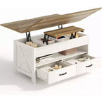 Table basse relevable avec espace de rangement, table basse style ferme, table basse avec deux tiroirs, table basse pour salon et bureau