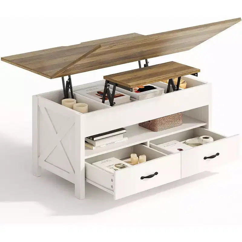 Table basse relevable avec espace de rangement, table basse style ferme, table basse avec deux tiroirs, table basse pour salon et bureau