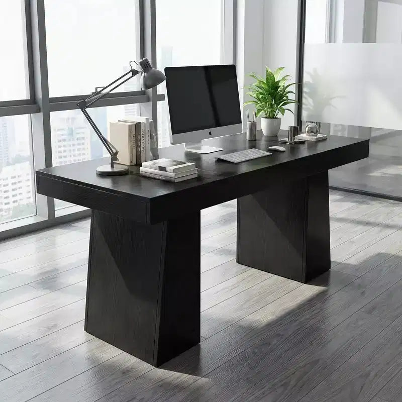 55 Mid-Century Modern Executive Desk, Wood Computer Desk with Double Trapezoid Base, Home Office Workstation Writing Table