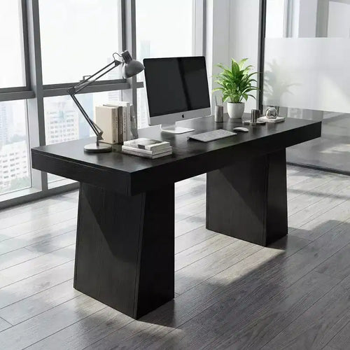 55 Mid-Century Modern Executive Desk, Wood Computer Desk with Double Trapezoid Base, Home Office Workstation Writing Table