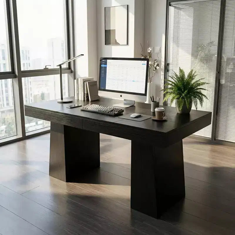 Bureau de direction moderne du milieu du siècle 55, bureau d'ordinateur en bois avec double base trapézoïdale, table d'écriture de bureau à domicile