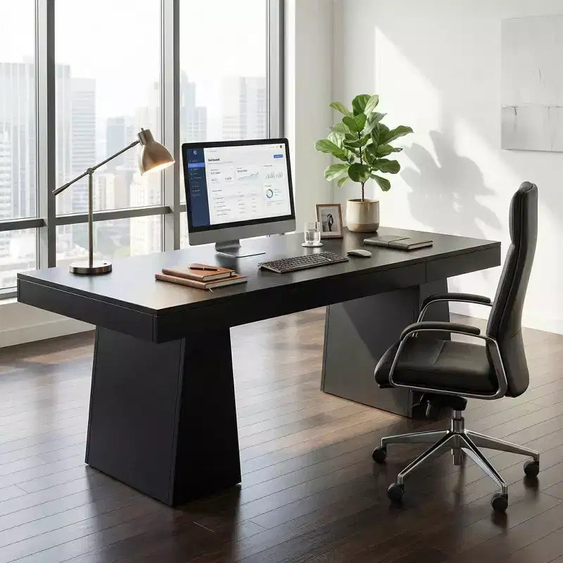 Bureau de direction moderne du milieu du siècle 55, bureau d'ordinateur en bois avec double base trapézoïdale, table d'écriture de bureau à domicile
