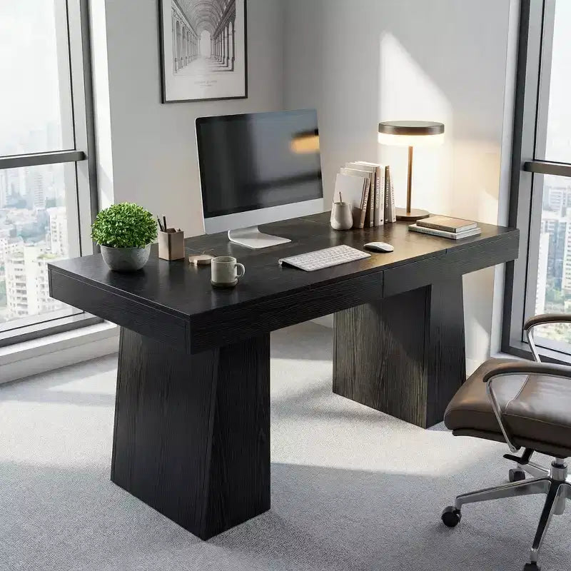 Bureau de direction moderne du milieu du siècle 55, bureau d'ordinateur en bois avec double base trapézoïdale, table d'écriture de bureau à domicile