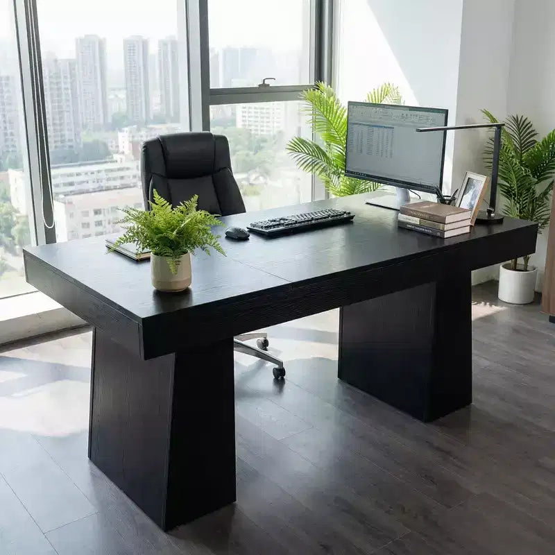 Bureau de direction moderne du milieu du siècle 55, bureau d'ordinateur en bois avec double base trapézoïdale, table d'écriture de bureau à domicile