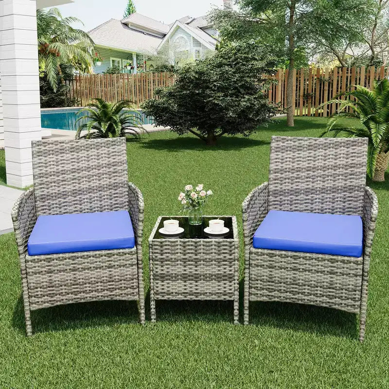 Patio Furniture Set 3 Pieces, Wicker Chairs with Table, Outdoor Furniture with Soft Cushion and Glass Table for Porch Garden Lawn Balcony