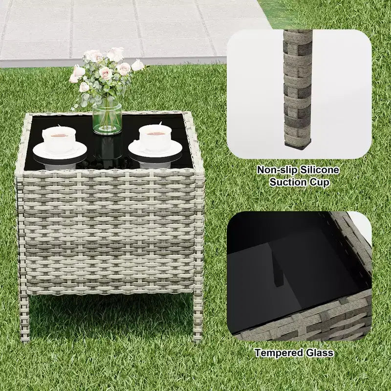 Ensemble de meubles de patio 3 pièces, chaises en osier avec table, meubles d'extérieur avec coussin moelleux et table en verre pour véranda, jardin, pelouse, balcon