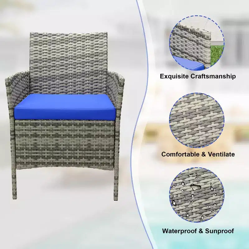 Ensemble de meubles de patio 3 pièces, chaises en osier avec table, meubles d'extérieur avec coussin moelleux et table en verre pour véranda, jardin, pelouse, balcon