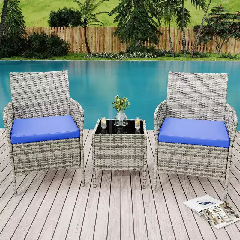 Ensemble de meubles de patio 3 pièces, chaises en osier avec table, meubles d'extérieur avec coussin moelleux et table en verre pour véranda, jardin, pelouse, balcon