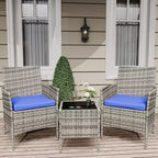 Ensemble de meubles de patio 3 pièces, chaises en osier avec table, meubles d'extérieur avec coussin moelleux et table en verre pour véranda, jardin, pelouse, balcon