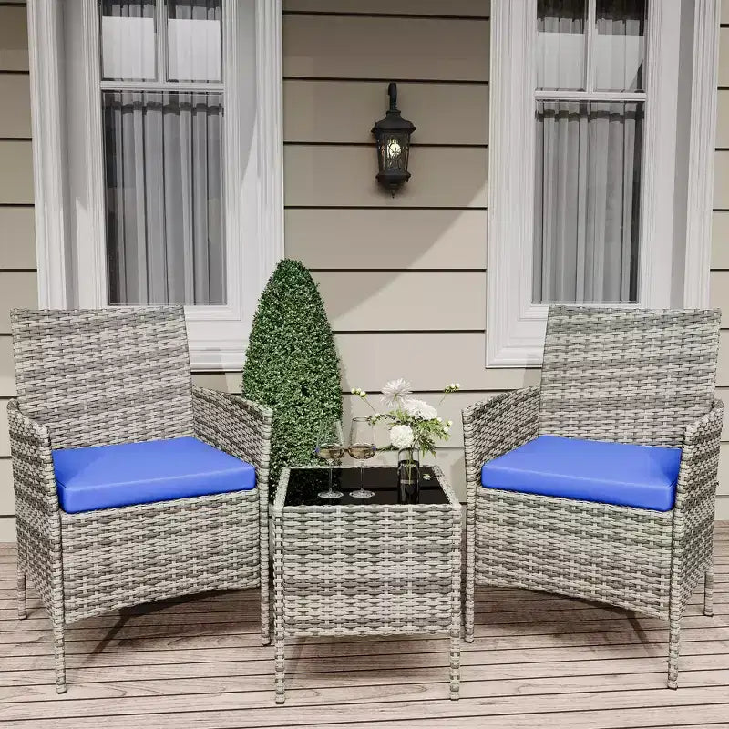 Ensemble de meubles de patio 3 pièces, chaises en osier avec table, meubles d'extérieur avec coussin moelleux et table en verre pour véranda, jardin, pelouse, balcon