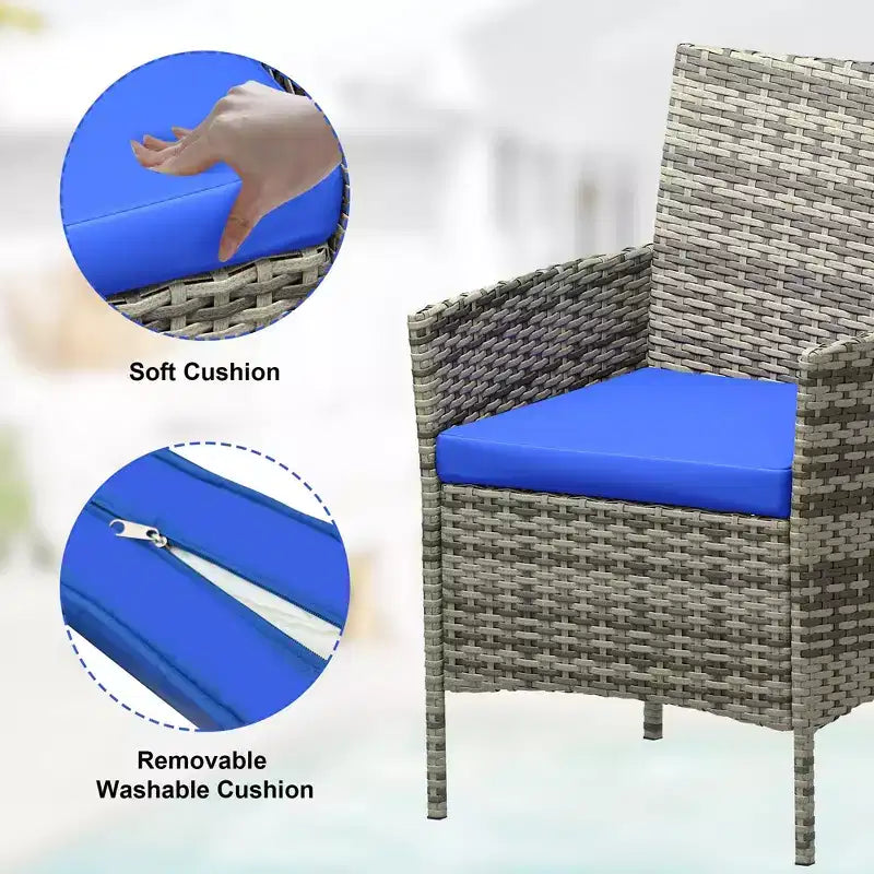 Ensemble de meubles de patio 3 pièces, chaises en osier avec table, meubles d'extérieur avec coussin moelleux et table en verre pour véranda, jardin, pelouse, balcon