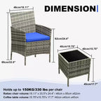 Ensemble de meubles de patio 3 pièces, chaises en osier avec table, meubles d'extérieur avec coussin moelleux et table en verre pour véranda, jardin, pelouse, balcon