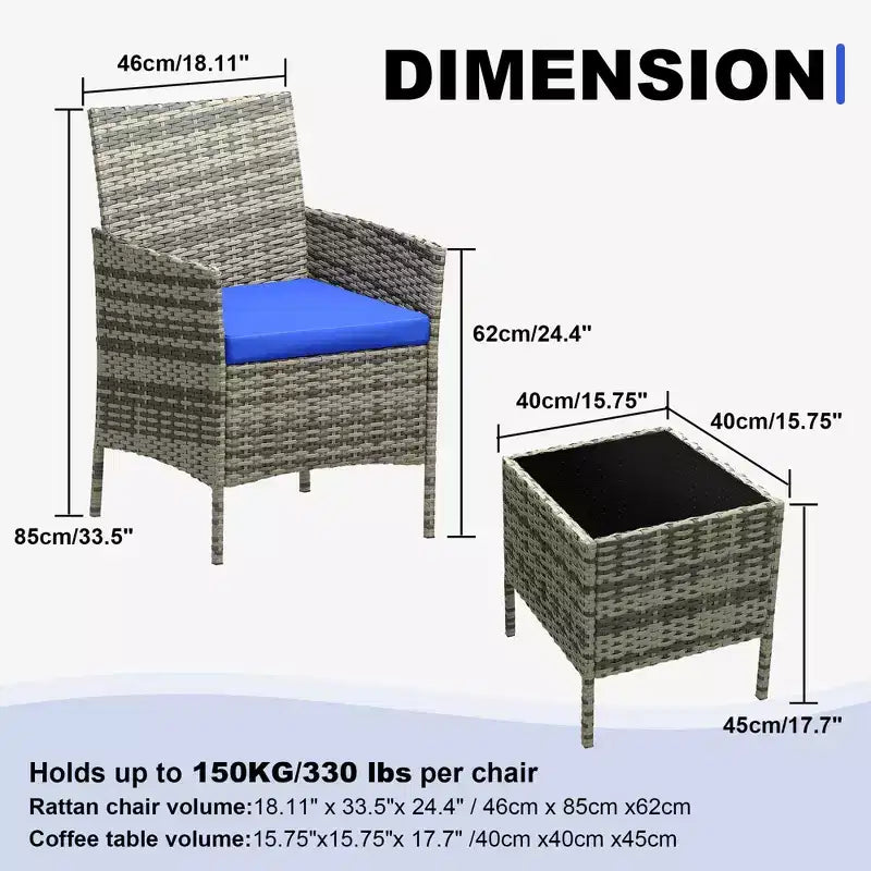 Ensemble de meubles de patio 3 pièces, chaises en osier avec table, meubles d'extérieur avec coussin moelleux et table en verre pour véranda, jardin, pelouse, balcon