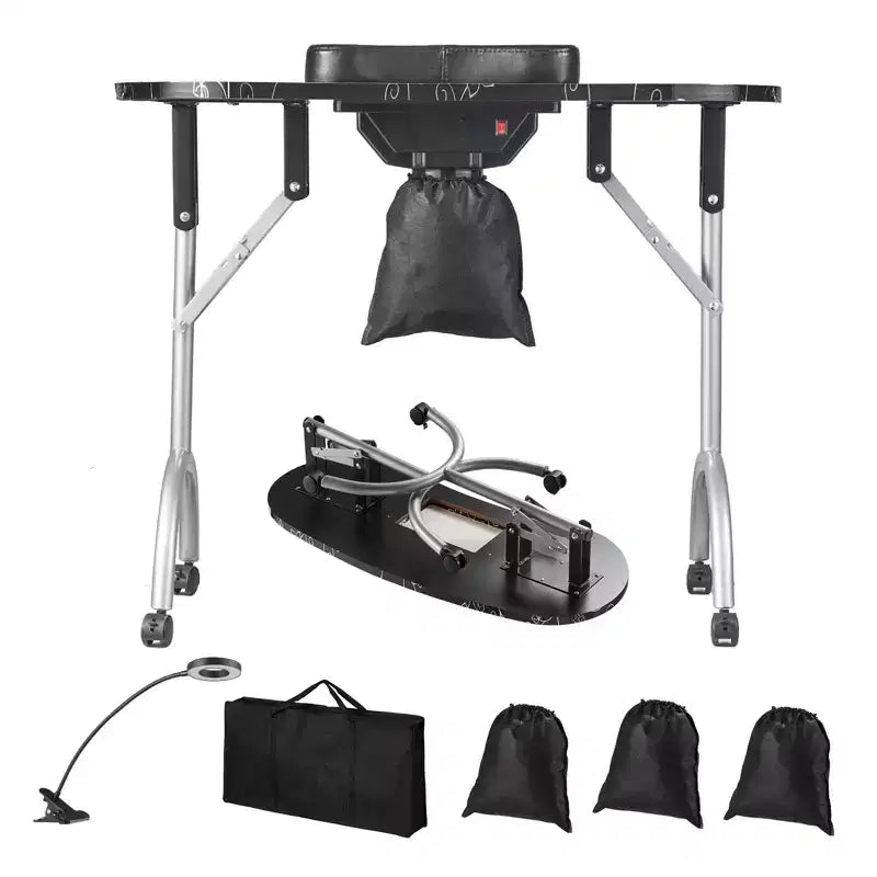 Portable Foldable Manicure Table with Electric Dust Collector LED Lamp and 4 Wheels Black