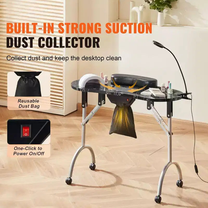 Table de manucure pliable et portable avec collecteur de poussière électrique, lampe LED et 4 roulettes, noir