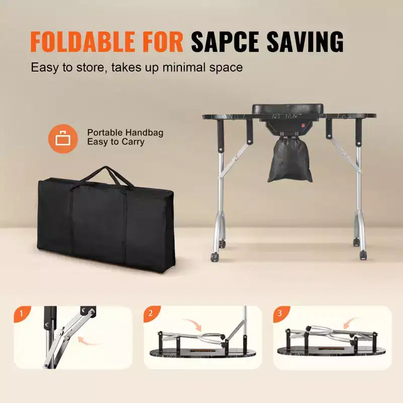 Table de manucure pliable et portable avec collecteur de poussière électrique, lampe LED et 4 roulettes, noir
