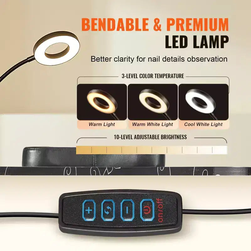 Table de manucure pliable et portable avec collecteur de poussière électrique, lampe LED et 4 roulettes, noir