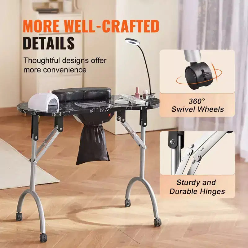 Table de manucure pliable et portable avec collecteur de poussière électrique, lampe LED et 4 roulettes, noir