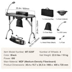 Table de manucure pliable et portable avec collecteur de poussière électrique, lampe LED et 4 roulettes, noir