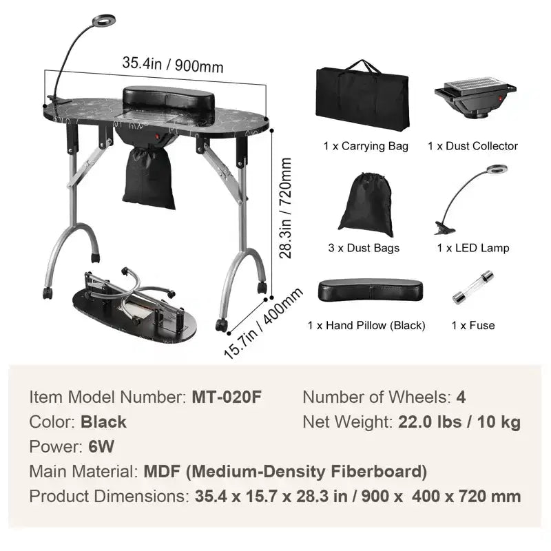 Table de manucure pliable et portable avec collecteur de poussière électrique, lampe LED et 4 roulettes, noir