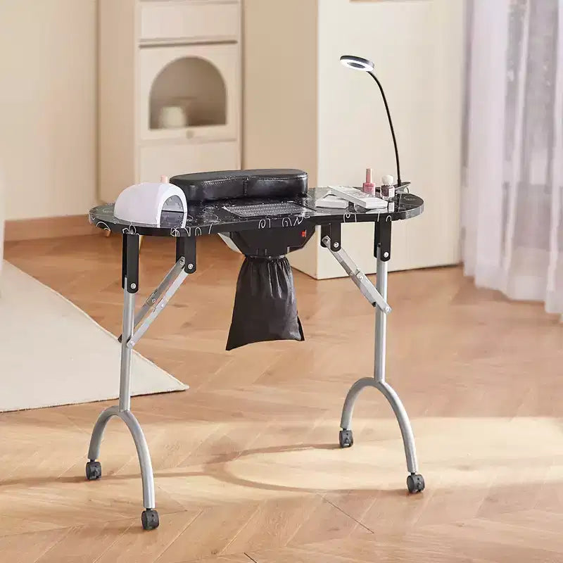 Table de manucure pliable et portable avec collecteur de poussière électrique, lampe LED et 4 roulettes, noir