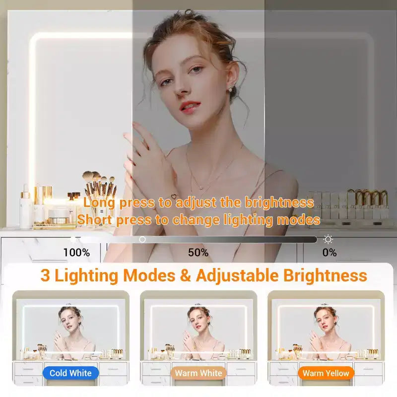 Coiffeuse moderne avec 7 tiroirs et miroir, ensemble de coiffeuse avec lumières, support pour sèche-cheveux, pour chambre à coucher, maison