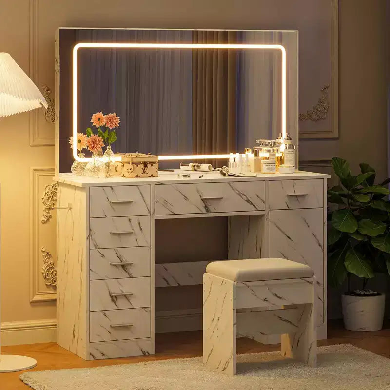 Coiffeuse moderne avec 7 tiroirs et miroir, ensemble de coiffeuse avec lumières, support pour sèche-cheveux, pour chambre à coucher, maison