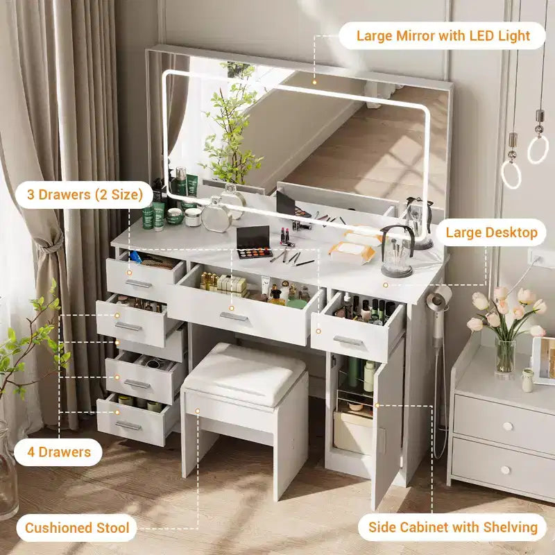 Coiffeuse moderne avec 7 tiroirs et miroir, ensemble de coiffeuse avec lumières, support pour sèche-cheveux, pour chambre à coucher, maison
