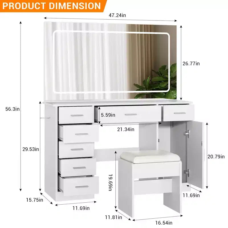 Coiffeuse moderne avec 7 tiroirs et miroir, ensemble de coiffeuse avec lumières, support pour sèche-cheveux, pour chambre à coucher, maison