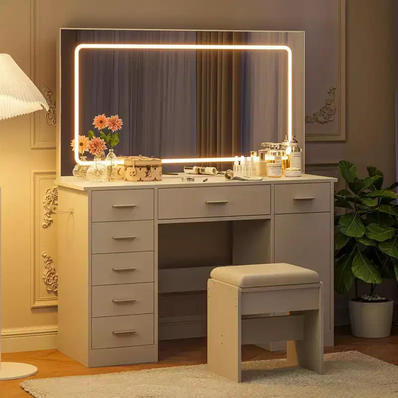 Coiffeuse moderne avec 7 tiroirs et miroir, ensemble de coiffeuse avec lumières, support pour sèche-cheveux, pour chambre à coucher, maison