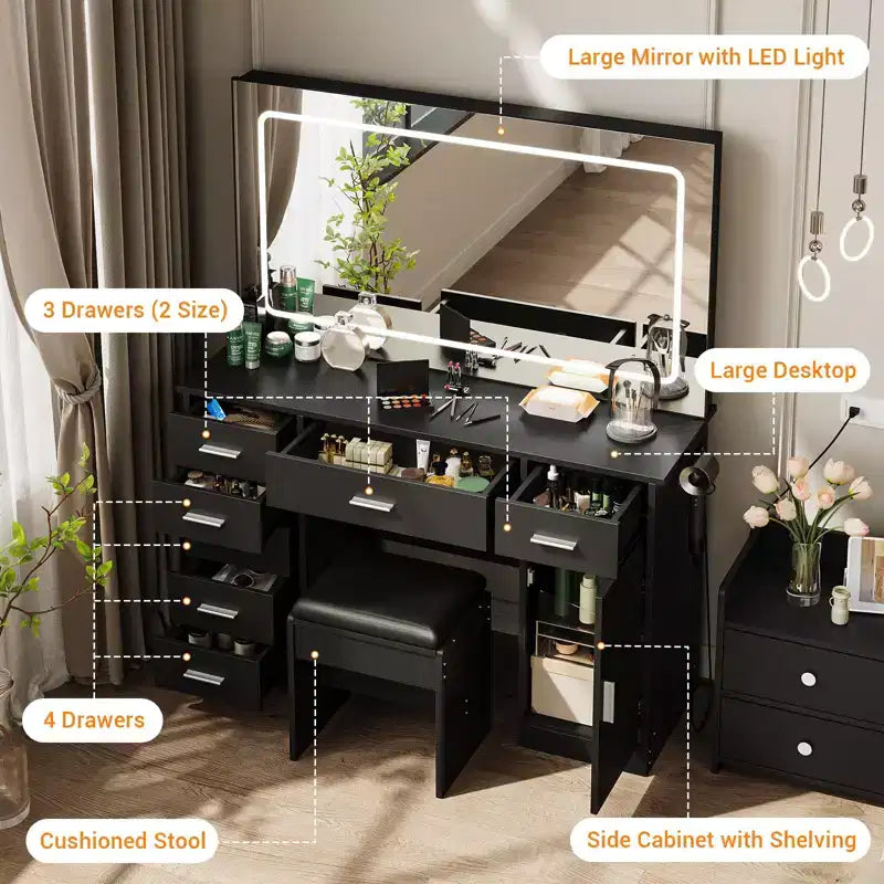 Coiffeuse moderne avec 7 tiroirs et miroir, ensemble de coiffeuse avec lumières, support pour sèche-cheveux, pour chambre à coucher, maison