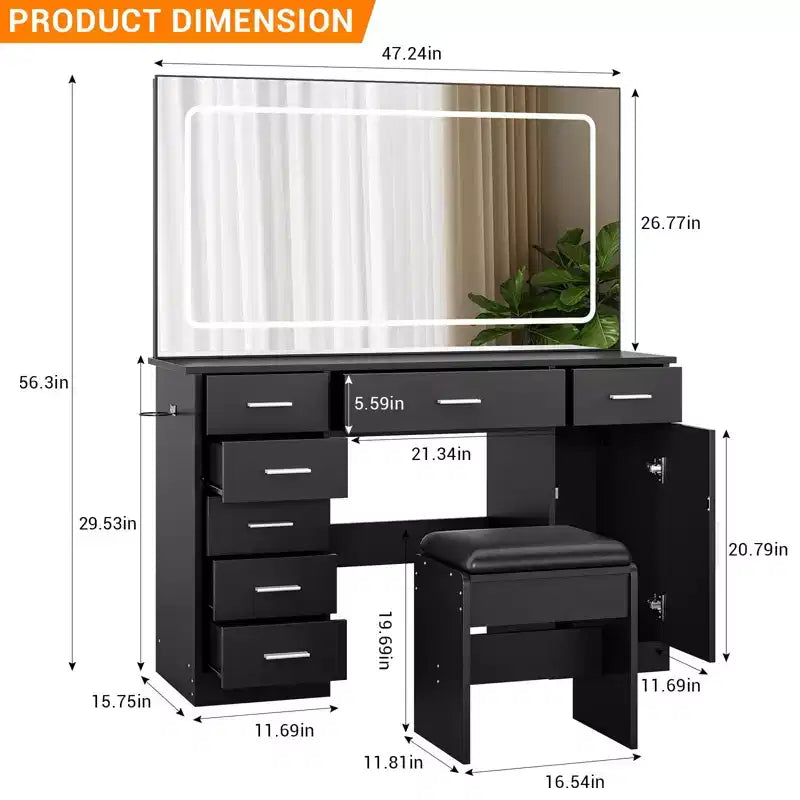 Coiffeuse moderne avec 7 tiroirs et miroir, ensemble de coiffeuse avec lumières, support pour sèche-cheveux, pour chambre à coucher, maison
