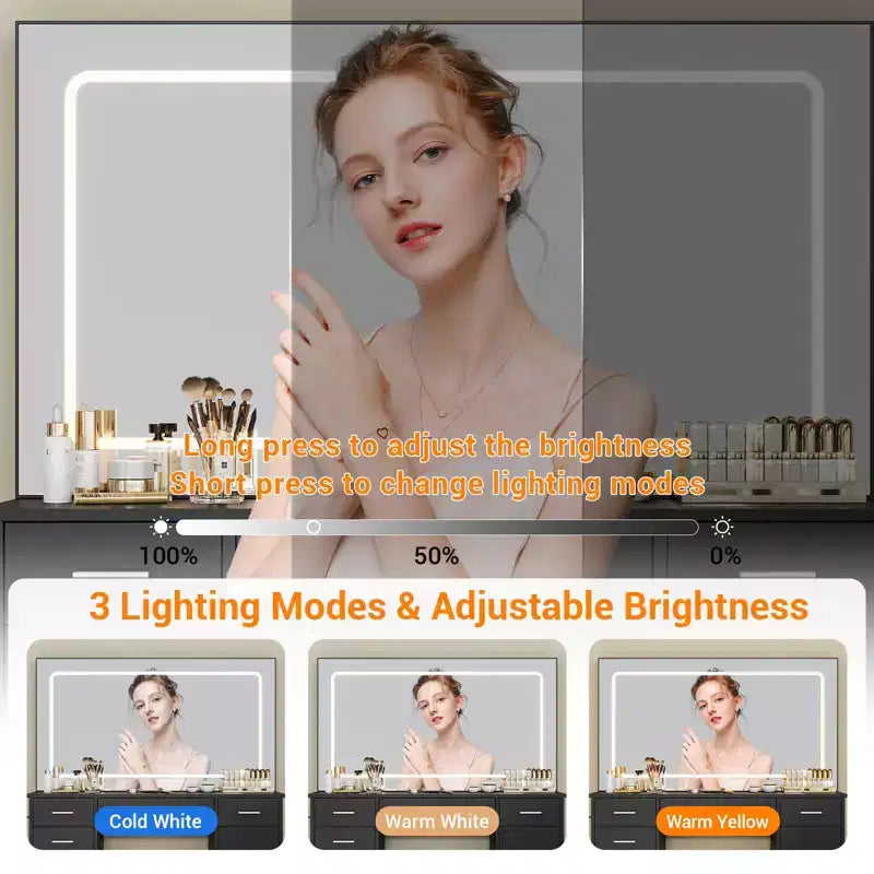 Coiffeuse moderne avec 7 tiroirs et miroir, ensemble de coiffeuse avec lumières, support pour sèche-cheveux, pour chambre à coucher, maison