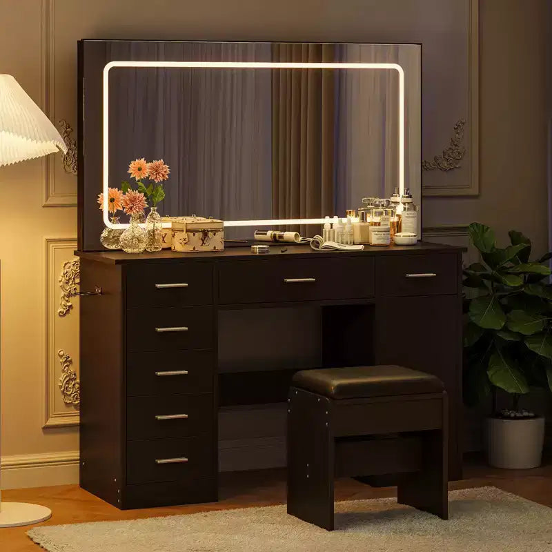 Coiffeuse moderne avec 7 tiroirs et miroir, ensemble de coiffeuse avec lumières, support pour sèche-cheveux, pour chambre à coucher, maison