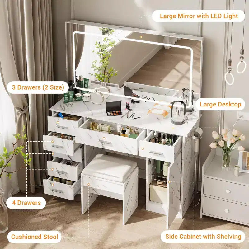 Coiffeuse moderne avec 7 tiroirs et miroir, ensemble de coiffeuse avec lumières, support pour sèche-cheveux, pour chambre à coucher, maison
