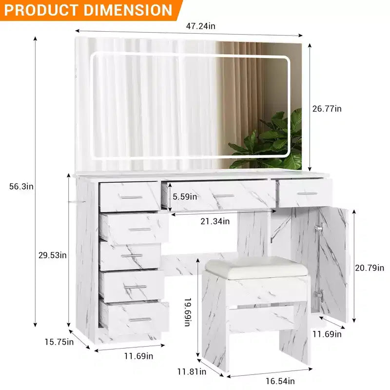 Coiffeuse moderne avec 7 tiroirs et miroir, ensemble de coiffeuse avec lumières, support pour sèche-cheveux, pour chambre à coucher, maison