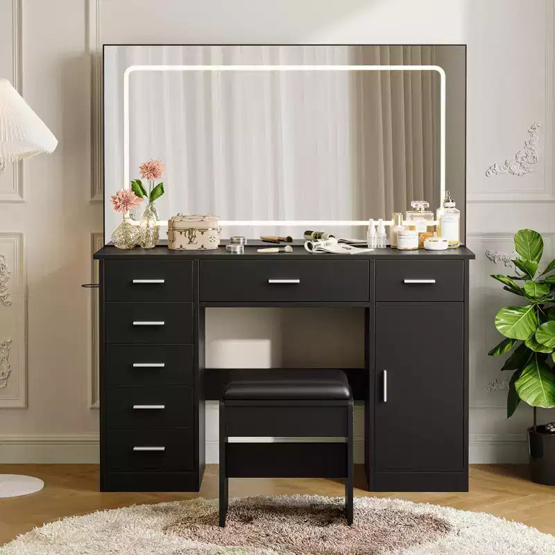 Modern Vanity Desk with 7 Drawers and Mirror, Makeup Vanity Set with Lights, Hair Dryer Holder, for Bedroom, Home