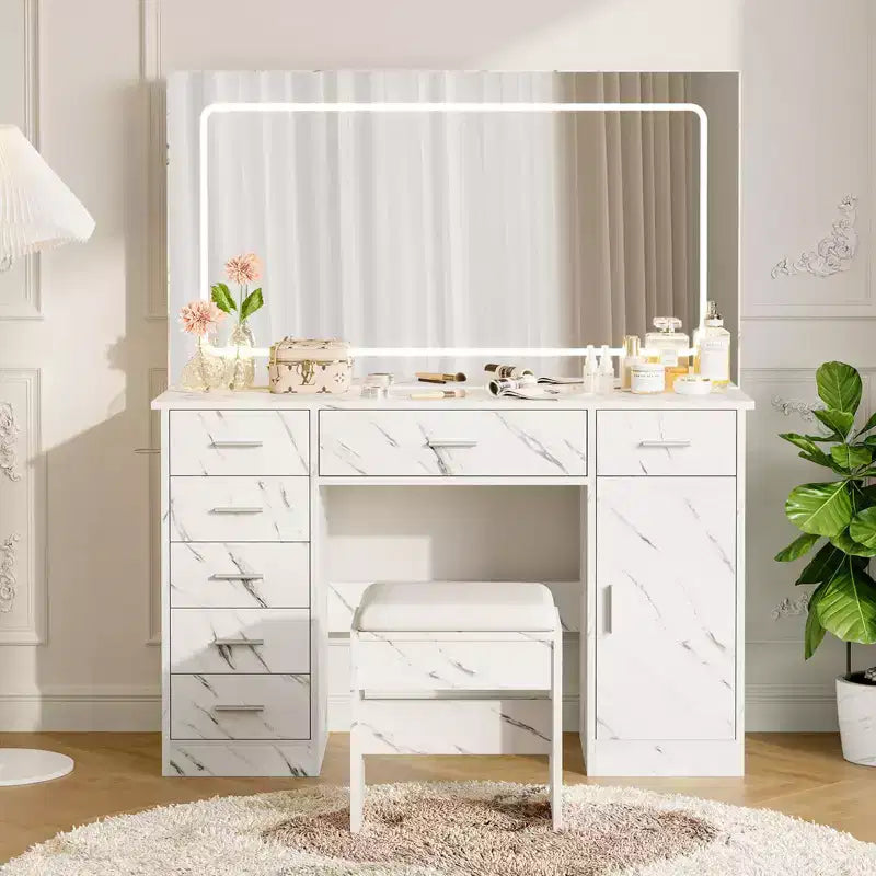 Coiffeuse moderne avec 7 tiroirs et miroir, ensemble de coiffeuse avec lumières, support pour sèche-cheveux, pour chambre à coucher, maison