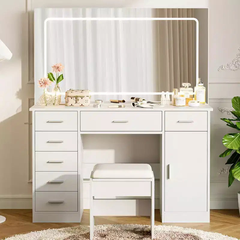 Coiffeuse moderne avec 7 tiroirs et miroir, ensemble de coiffeuse avec lumières, support pour sèche-cheveux, pour chambre à coucher, maison
