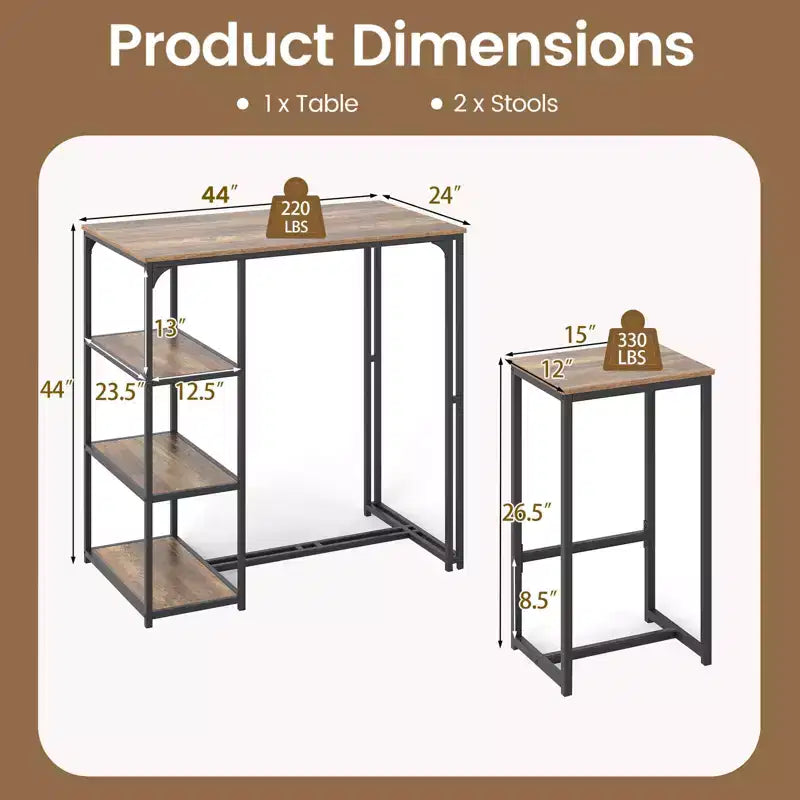 Ensemble de table de bar 3 pièces Costway avec 2 tabourets et 3 étagères de rangement pour 2 personnes