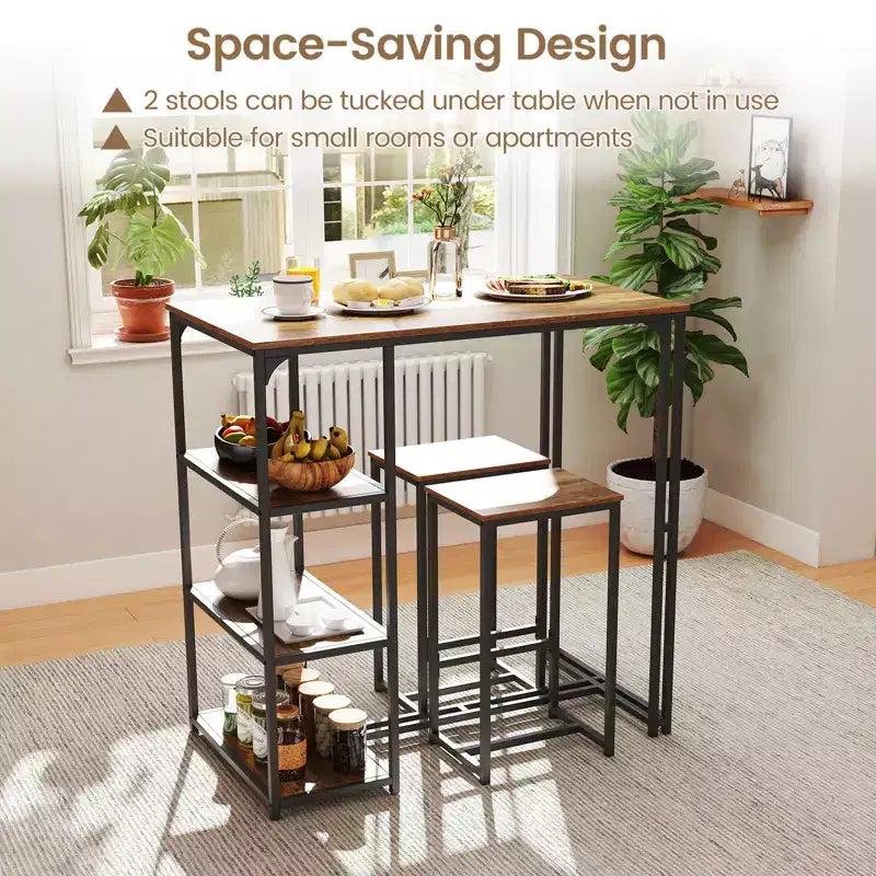 Ensemble de table de bar 3 pièces Costway avec 2 tabourets et 3 étagères de rangement pour 2 personnes