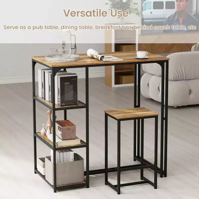 Ensemble de table de bar 3 pièces Costway avec 2 tabourets et 3 étagères de rangement pour 2 personnes