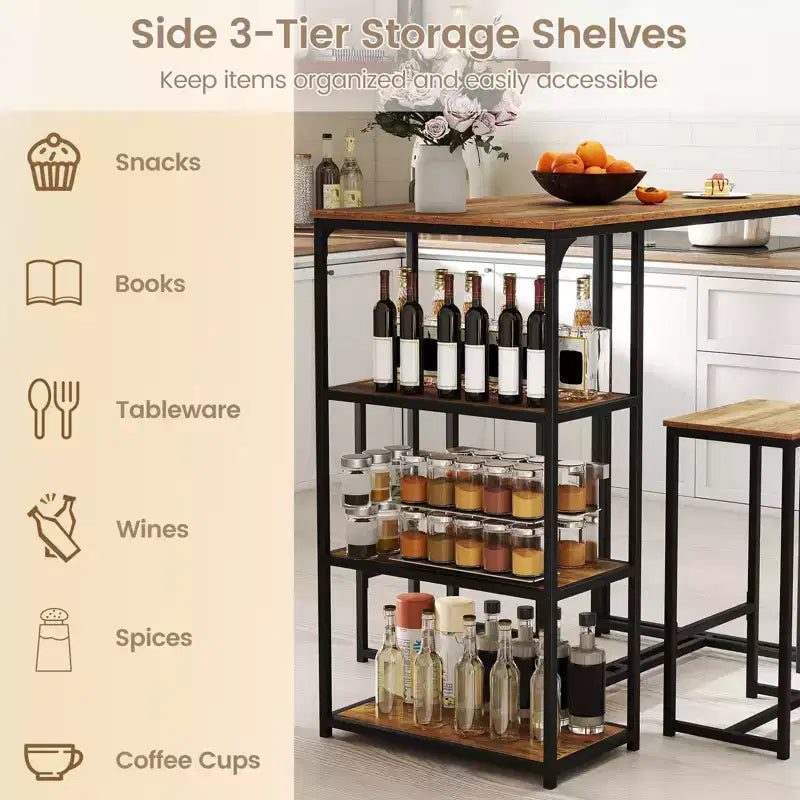 Ensemble de table de bar 3 pièces Costway avec 2 tabourets et 3 étagères de rangement pour 2 personnes
