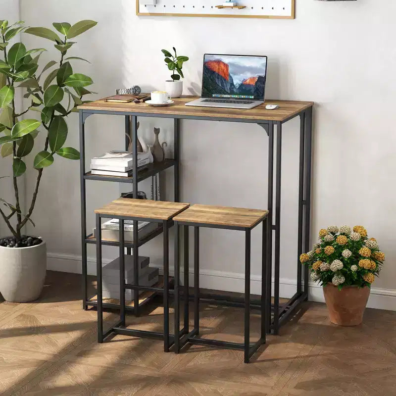 Ensemble de table de bar 3 pièces Costway avec 2 tabourets et 3 étagères de rangement pour 2 personnes