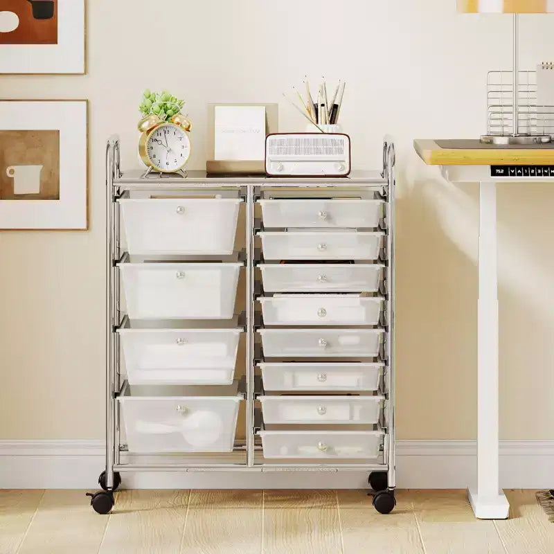 Chariot de rangement roulant Costway à 12 tiroirs avec tiroirs amovibles et roulettes verrouillables pour le bureau, transparent