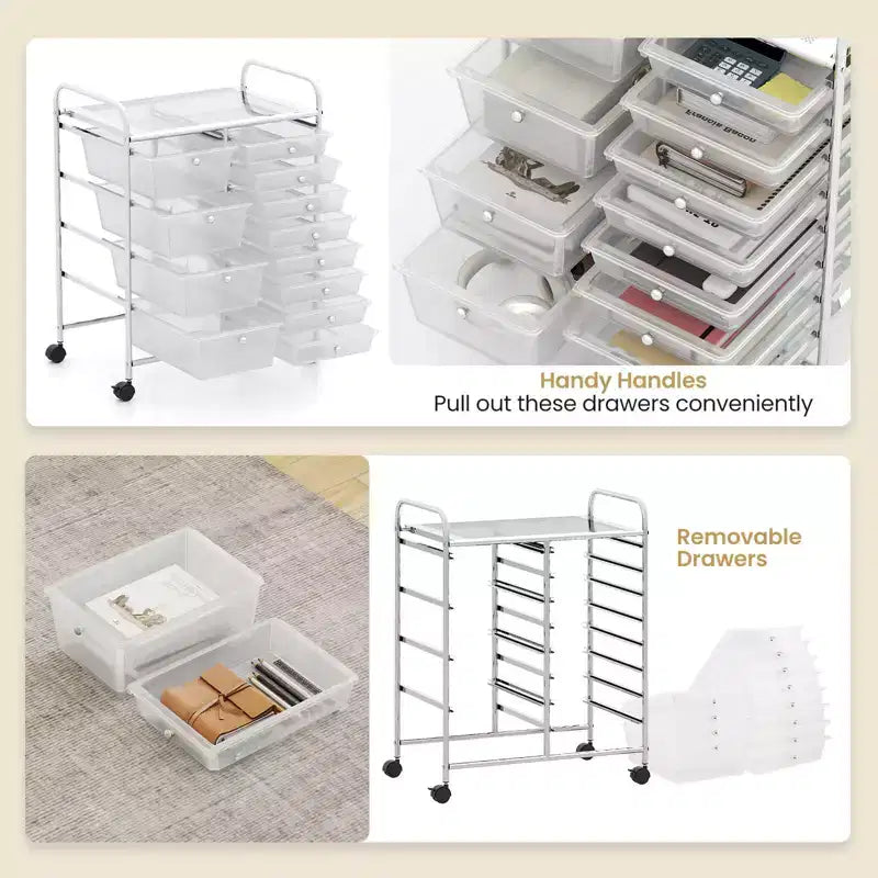 Chariot de rangement roulant Costway à 12 tiroirs avec tiroirs amovibles et roulettes verrouillables pour le bureau, transparent