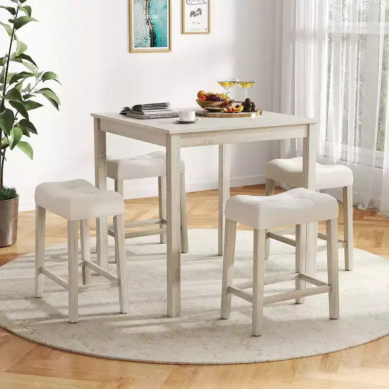 Ensemble table de bar carrée 5 pièces Costway pour 4 avec tabourets rembourrés Pieds en bois d'hévéa pour cuisine