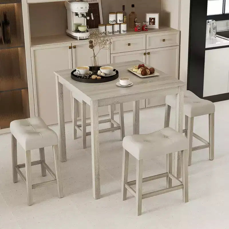 Ensemble table de bar carrée 5 pièces Costway pour 4 avec tabourets rembourrés Pieds en bois d'hévéa pour cuisine