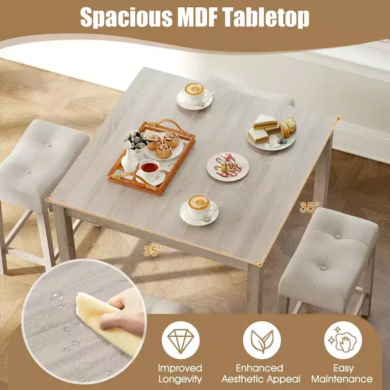 Ensemble table de bar carrée 5 pièces Costway pour 4 avec tabourets rembourrés Pieds en bois d'hévéa pour cuisine