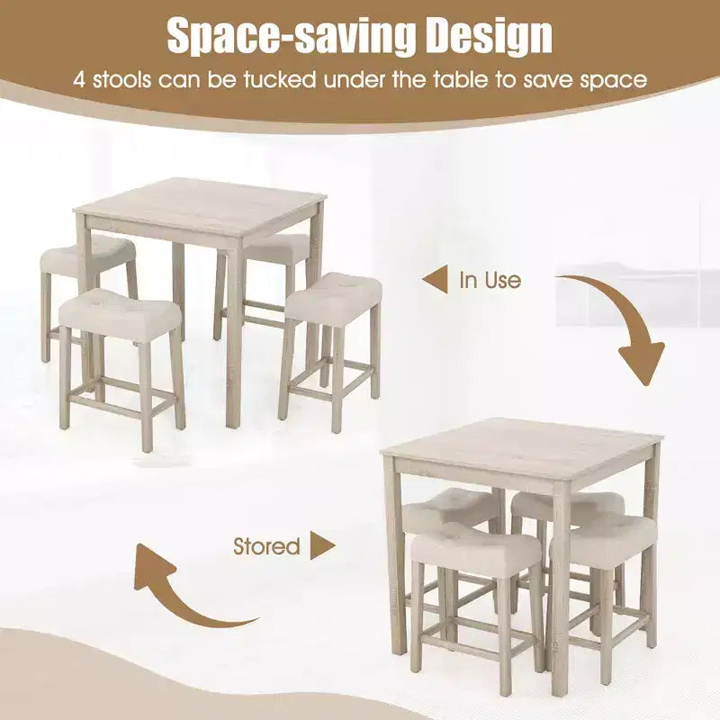 Ensemble table de bar carrée 5 pièces Costway pour 4 avec tabourets rembourrés Pieds en bois d'hévéa pour cuisine